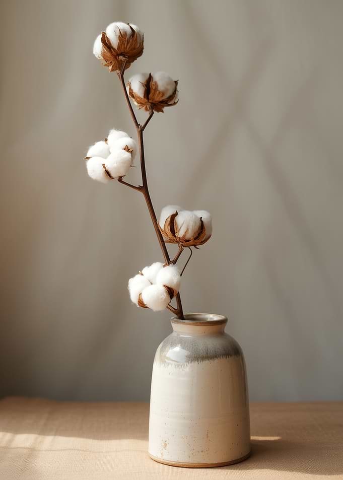 Minimalist Cotton Branch in Rustic Ceramic Vase