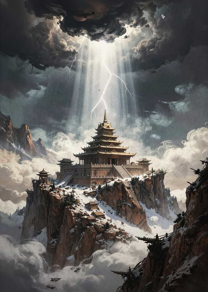 Mountain Temple Storm Art