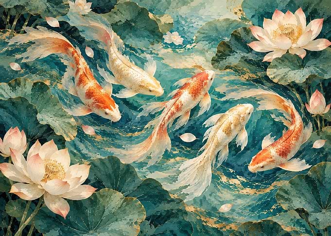 Koi Fish and Lotus Pond Painting