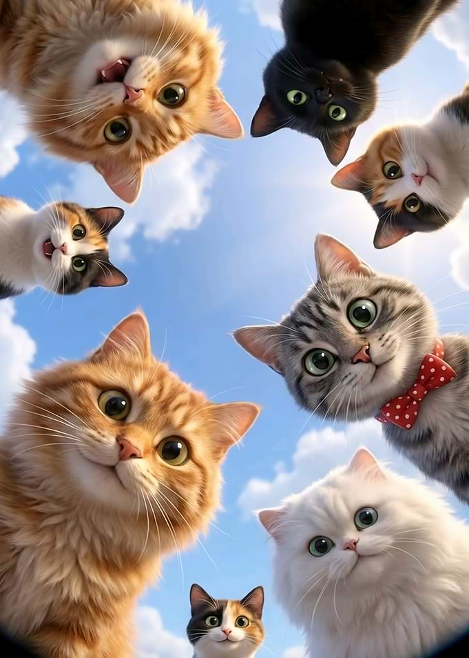 Group of Curious Cats Looking Down
