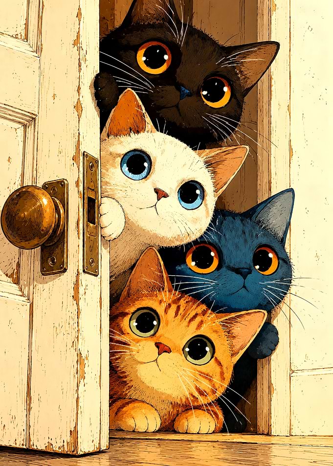 Four Cute Kittens Peeking Through Door