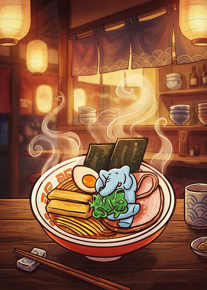 Elephant Ramen Cozy Anime Art