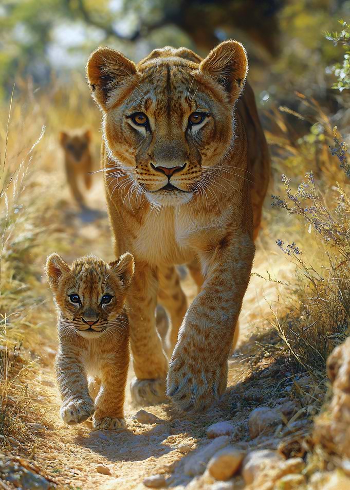 Lioness and Cubs Walking Together