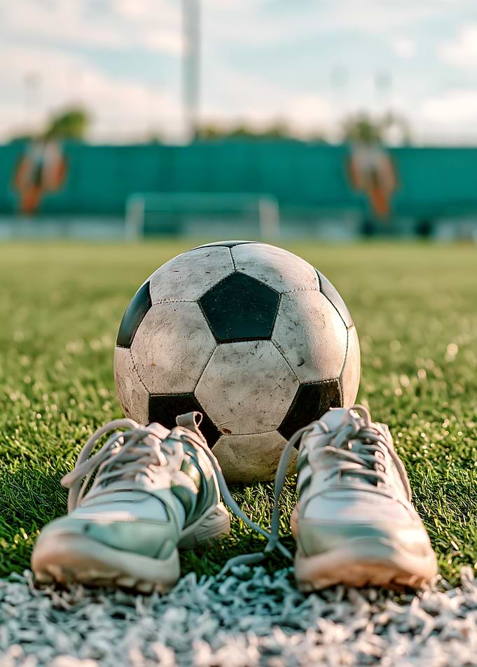 Soccer ball and sneakers on field