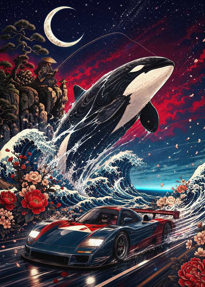 JDM Drift Whale Fantasy Art Poster