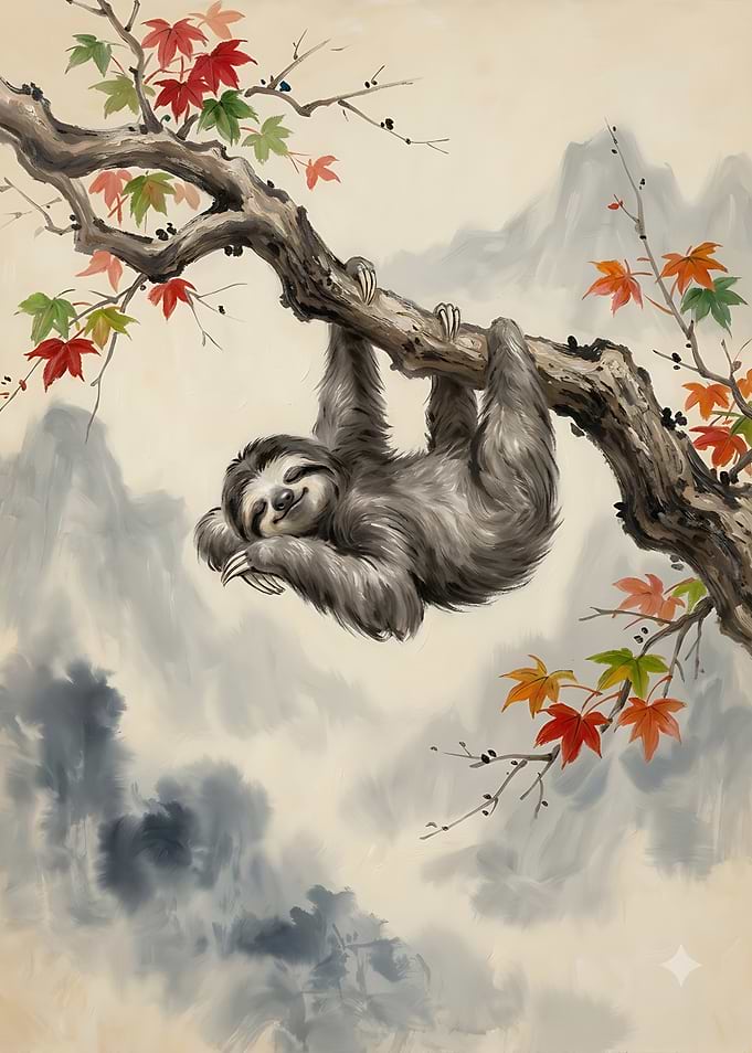 Sloth Sleeping on Maple Branch
