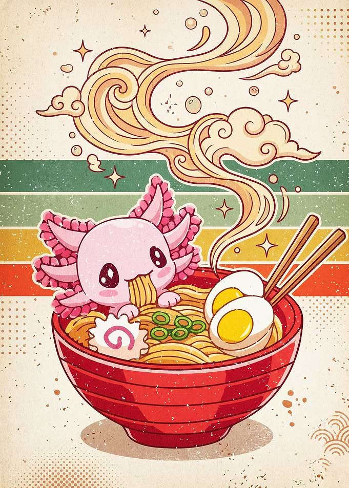 Axolotl Ramen Bowl Retro Anime Art