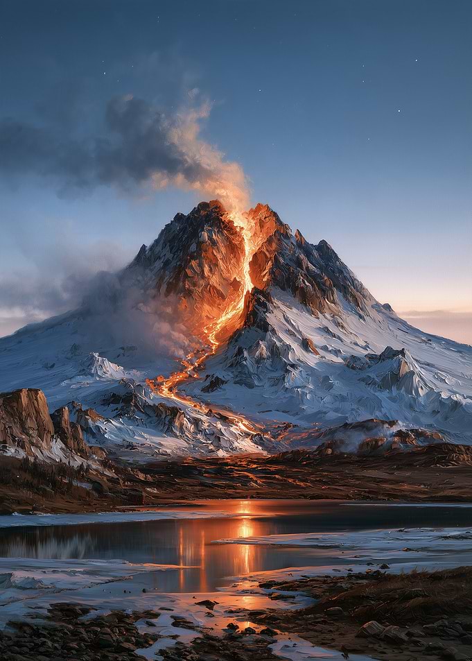 Volcanic Eruption on Snowy Mountain
