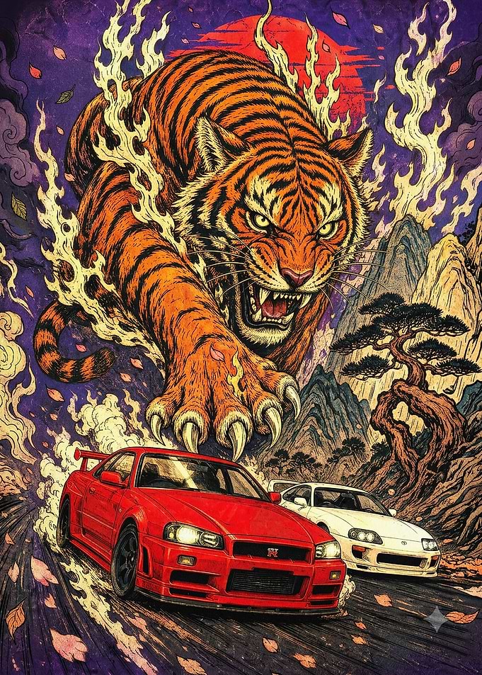 Tiger Drifting JDM Cars Retro Art