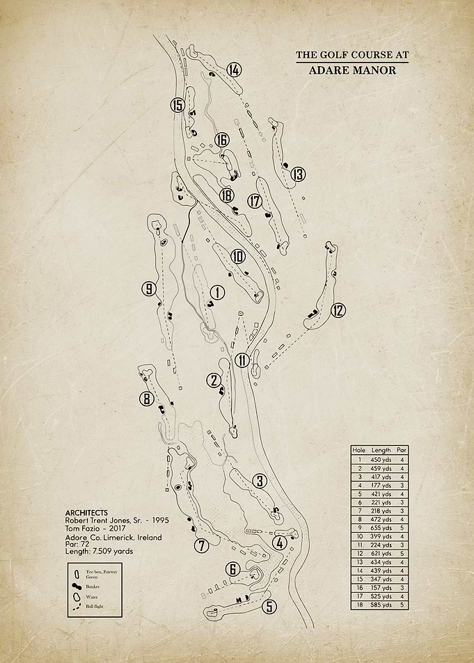 Adare Manor Golf Course Vintage Map Print