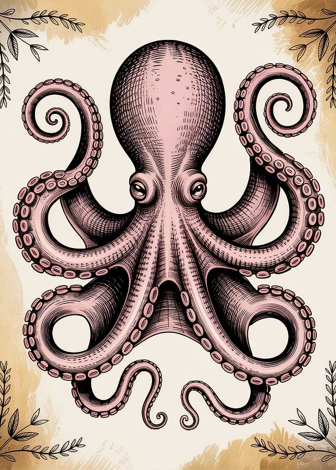 Vintage Botanical Octopus Illustration in Engraving Style