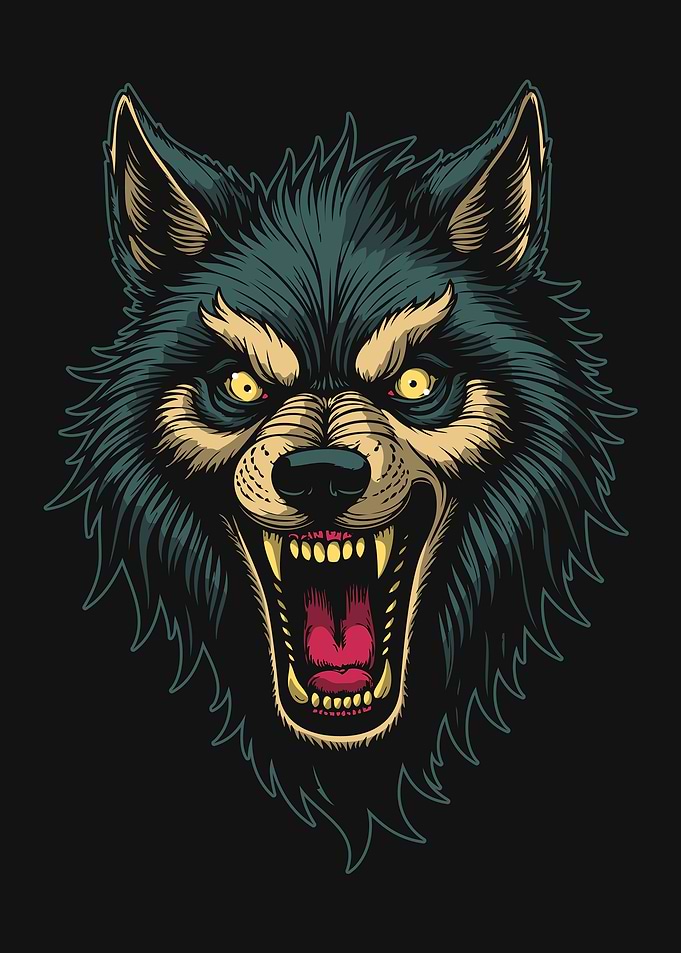 Fierce Snarling Wolf Head Illustration