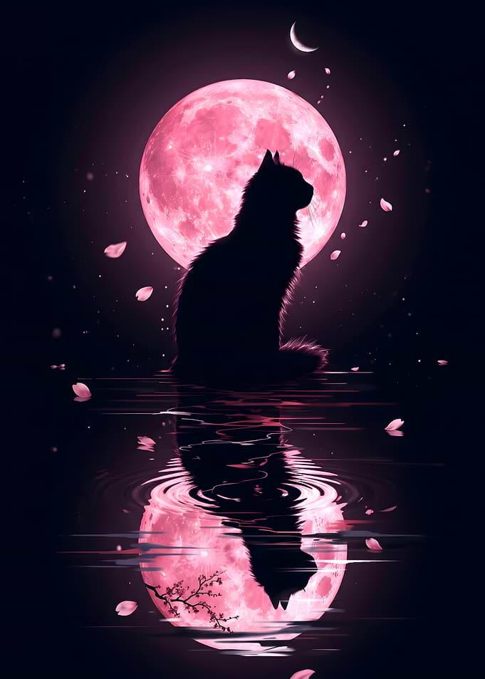 Cat Silhouette Under Pink Moon