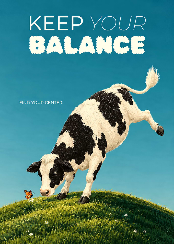 Keep Your Balance Cow Poster