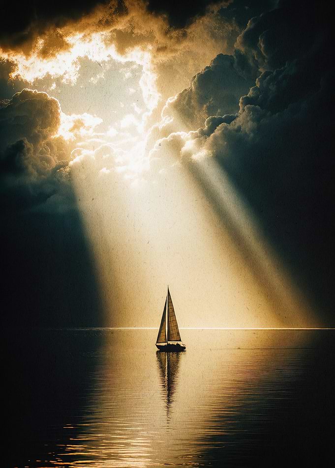 Sailboat Sun Rays Dramatic Art