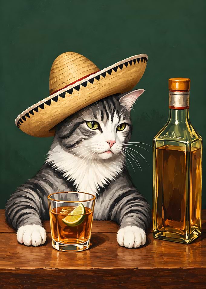 Cat Wearing Sombrero with Tequila