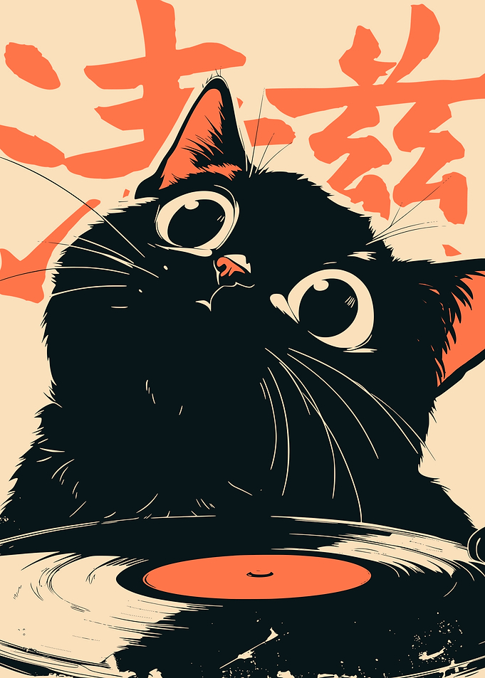 Retro Vinyl Record Black Cat Japanese