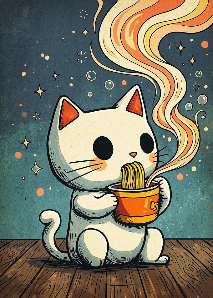 Cute Cat Eating Ramen Retro Poster