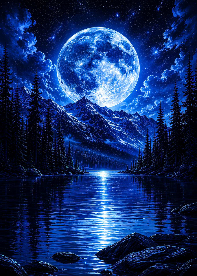 Giant Blue Moon Over Mountain Lake