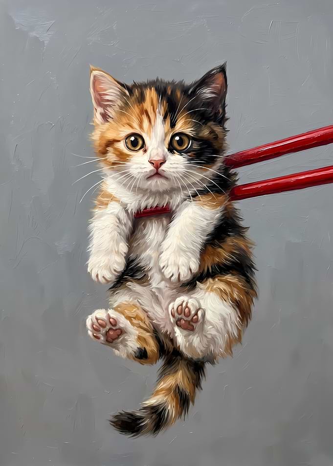 Calico Kitten Held by Chopsticks