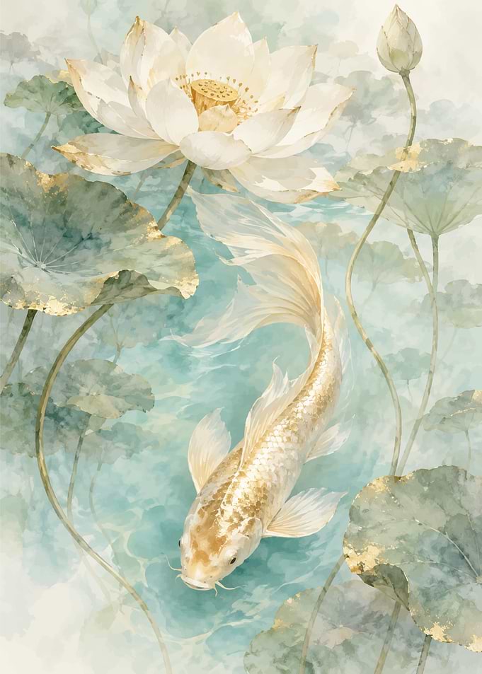 Golden Koi and Lotus Watercolor Art