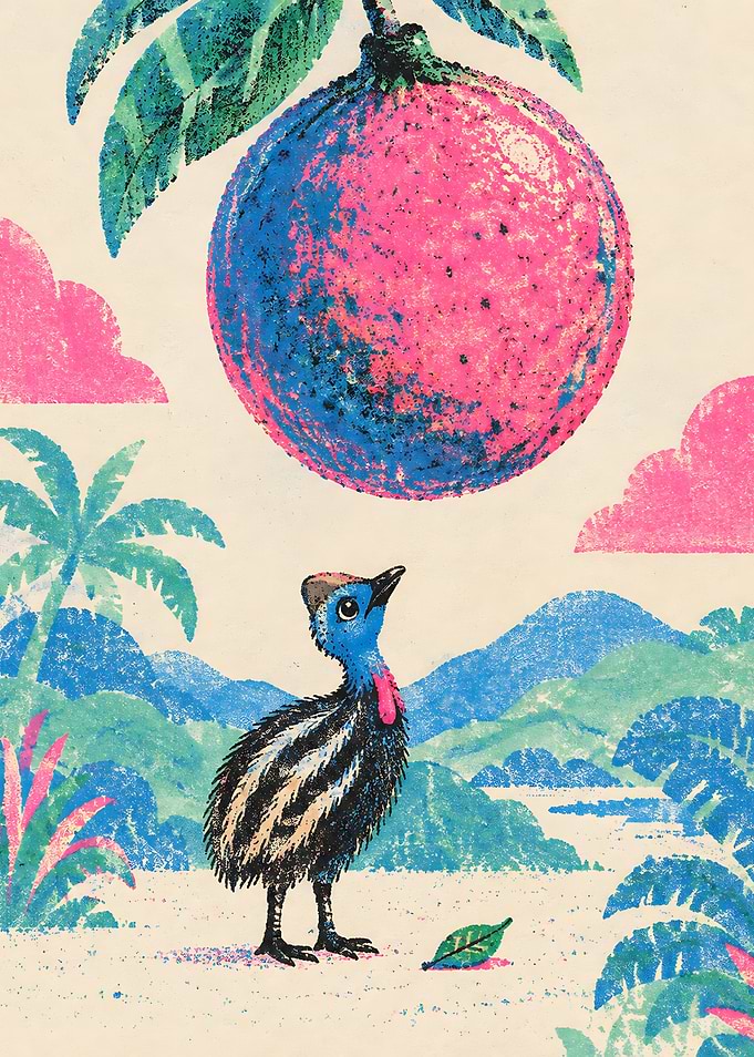 Cassowary Chick and Giant Fruit