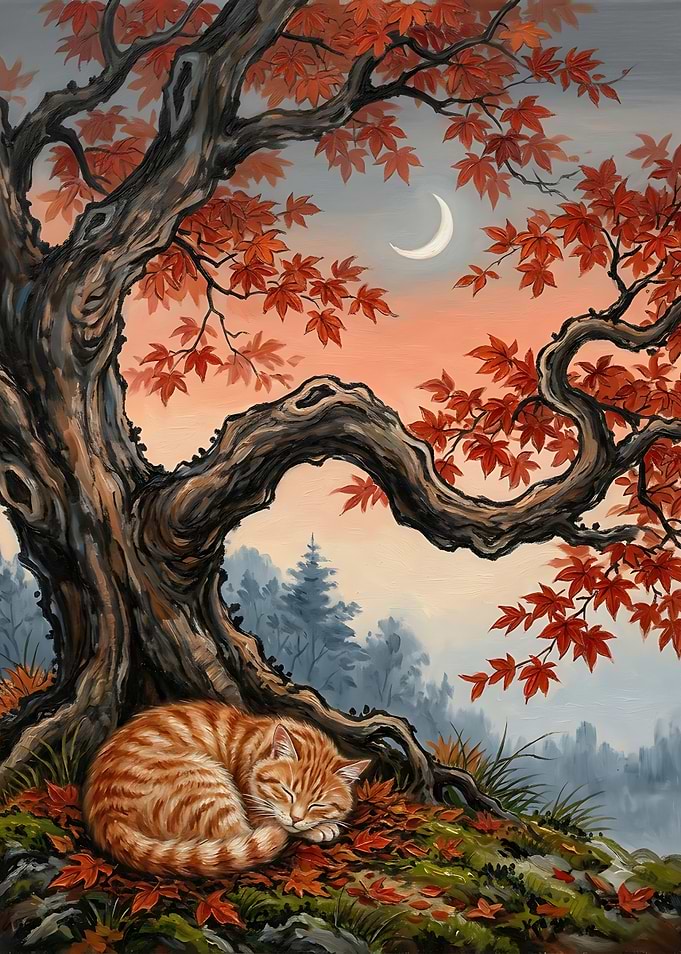 Sleeping Tabby Cat Under Autumn Tree
