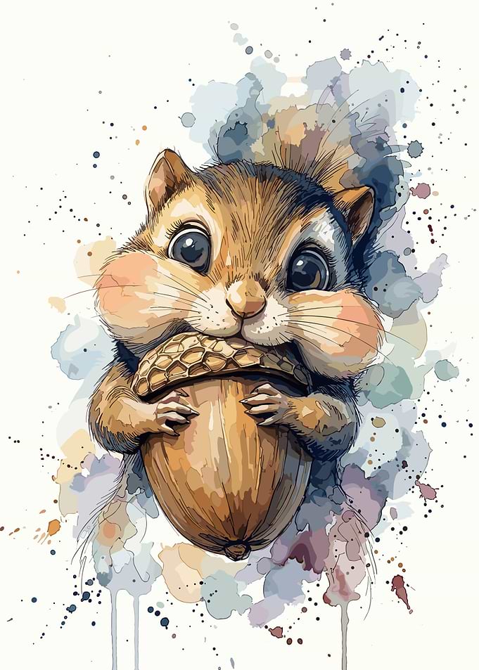 Watercolor Chipmunk Holding an Acorn