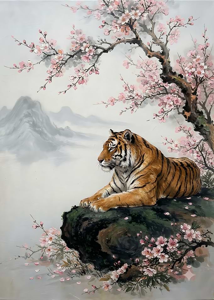 Tiger Resting Under Cherry Blossoms