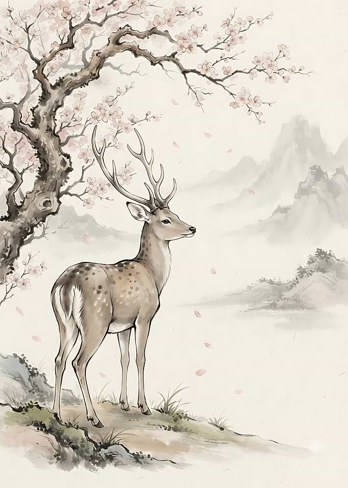 Elegant Deer Under Cherry Blossom Tree