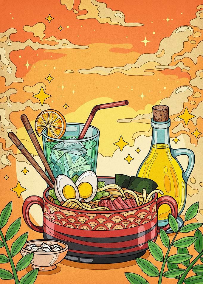 Ramen Bowl Sunset Retro Art Poster