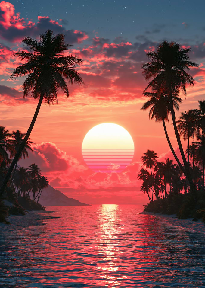 Synthwave Tropical Sunset Beach