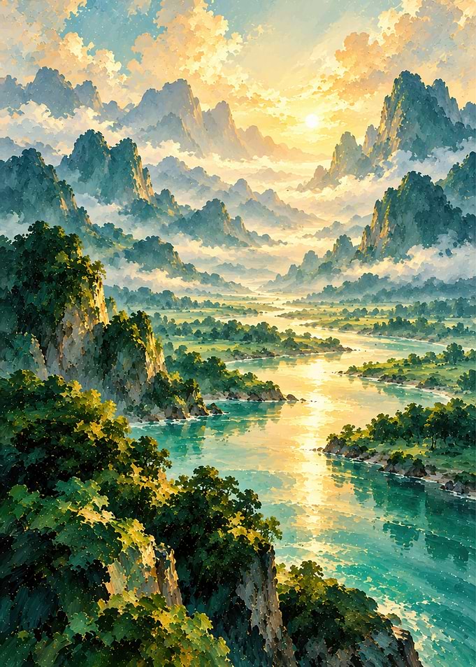 Golden Sunrise Over Misty River Valley