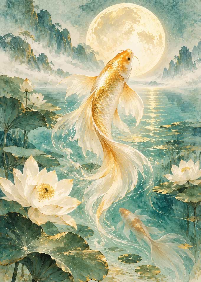 Golden Koi Fish and Lotus Pond