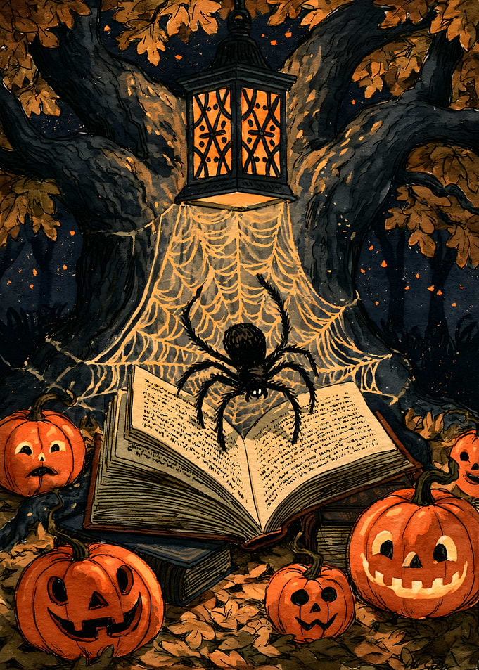 Cozy Spooky Halloween Book and Spider Scene