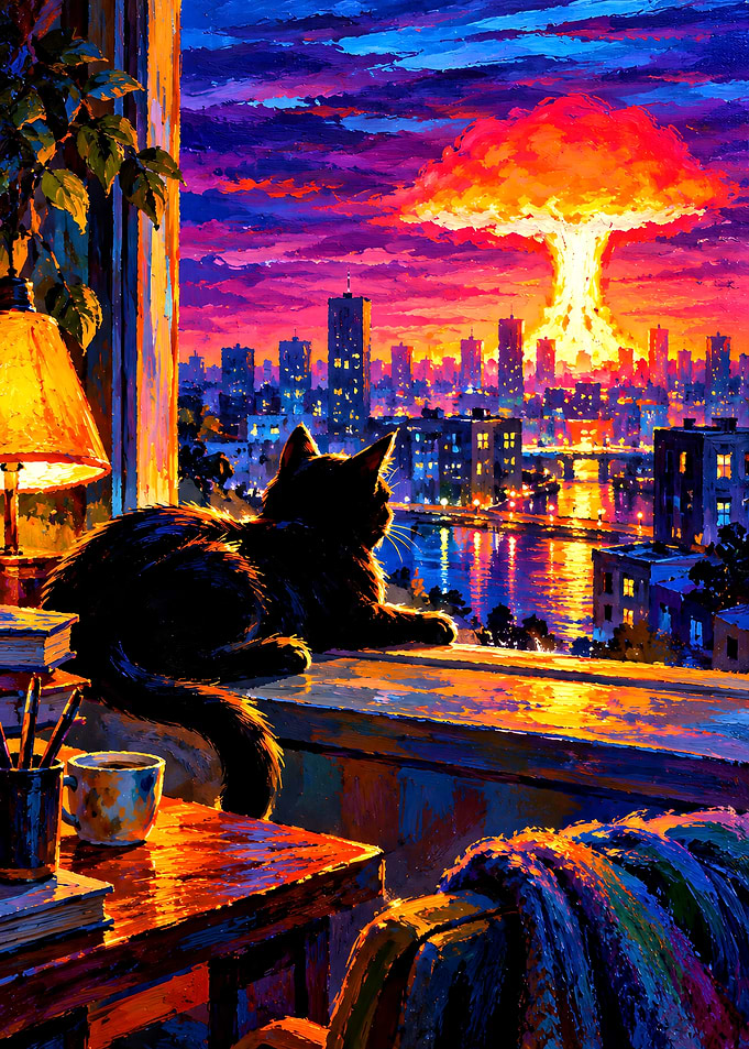 Cat Watching City Explosion at Sunset