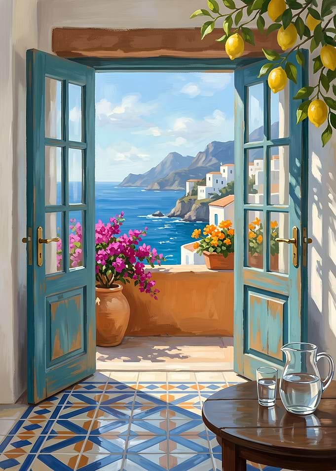 Mediterranean Balcony View with Lemons Sea Beach