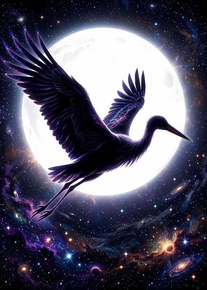 Cosmic Crane Flying Before Full Moon