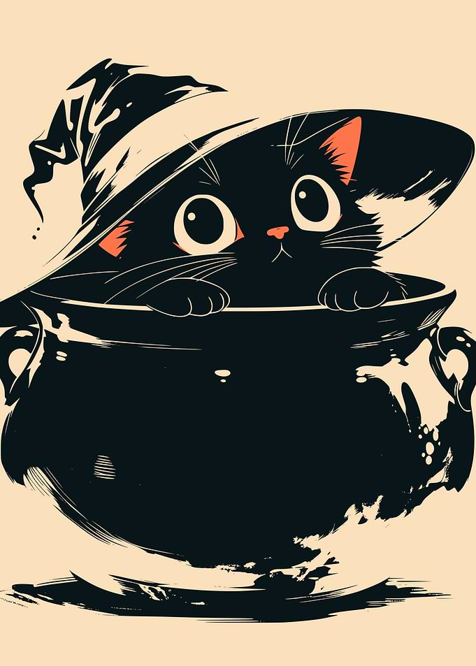 Spooky Witch Cat Magic Potion Cauldron Retro