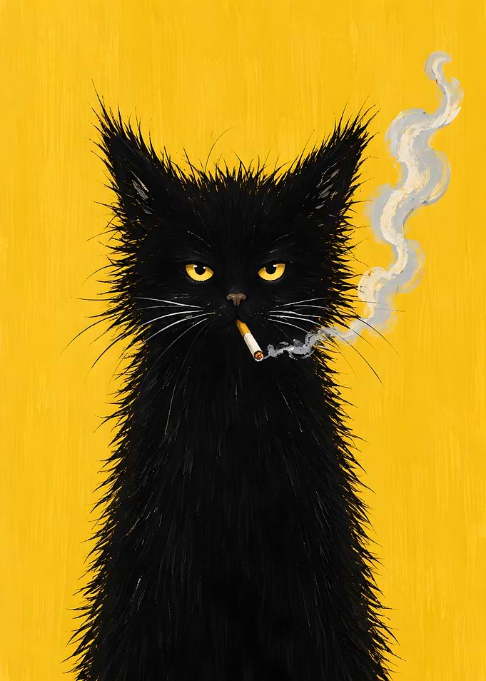 Smoking Black Cat on Yellow Background