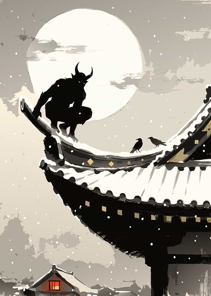 Horned Oni Crouching on a Moonlit Roof