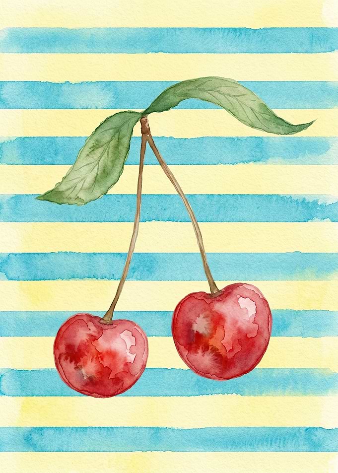 Watercolor Cherries on Striped Background