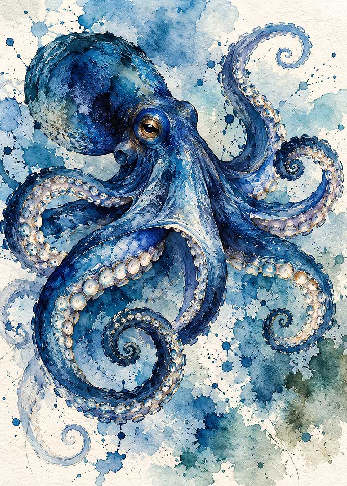 Watercolor Blue Octopus Illustration