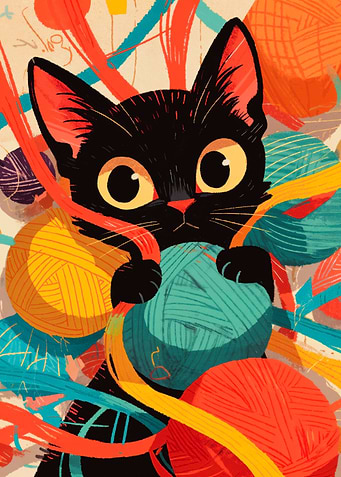 Playful Black Cat Tangled In Colorful Yarn