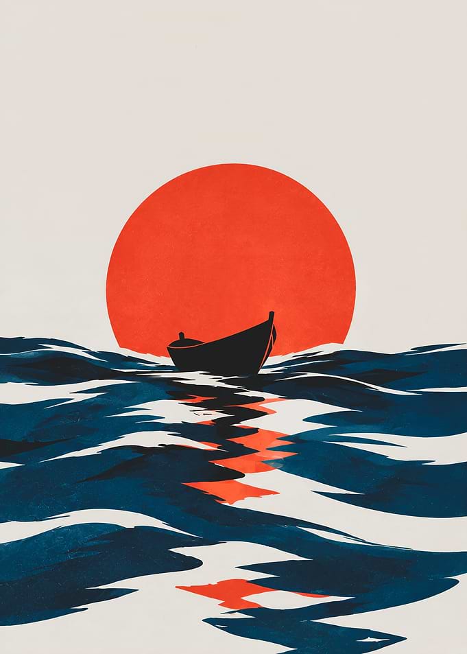 Minimalist Boat on Red Sun Sea
