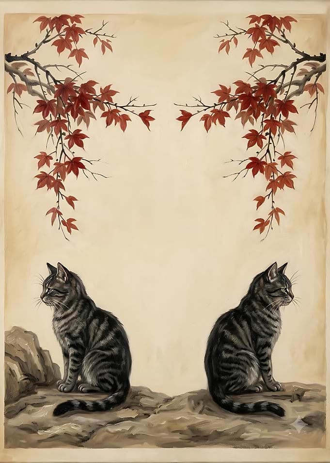 Symmetrical Tabby Cats with Maple Branches