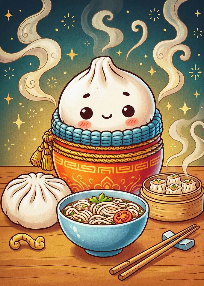 Cute Dumpling Noodle Bowl Cozy Art