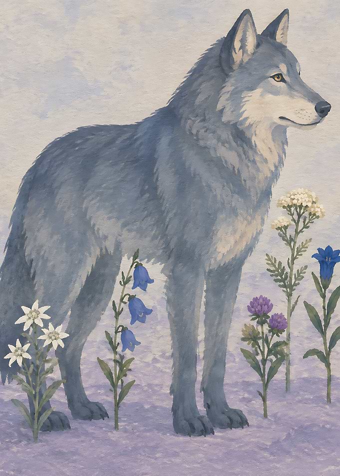 Wolf Standing Among Wildflowers
