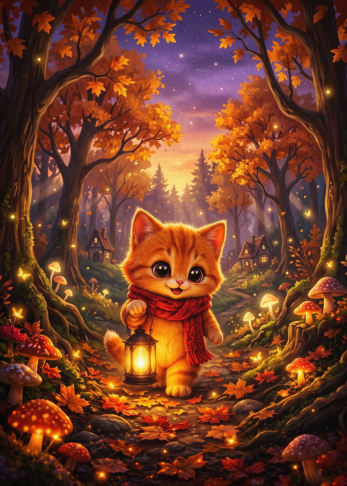 Autumn Cat Lantern Cozy Fantasy