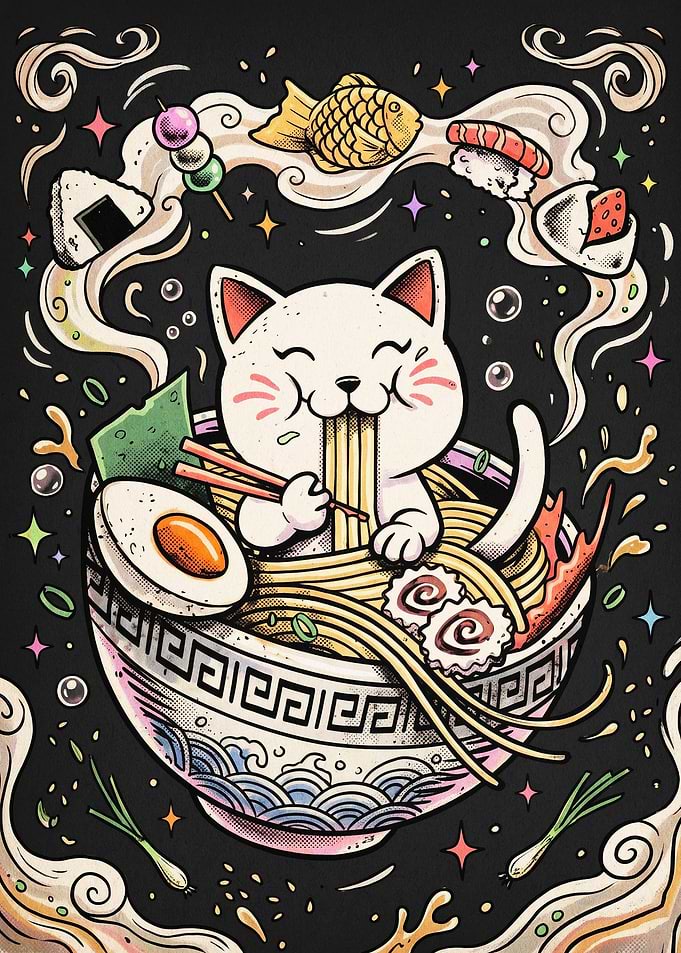 Cat Eating Ramen Kawaii Art